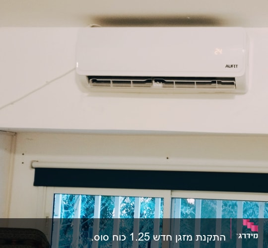 מזגן לבן מותקן על קיר מעל חלון